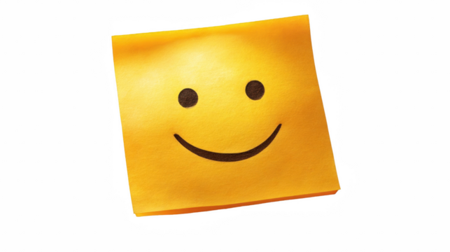 Cheerful yellow sticky note featuring a smiling face, radiating positivity and happiness, isolated on transparent background