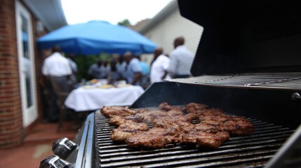 Grilling meat outdoors at a summer gathering with friends and family
