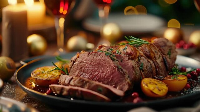A delicious beef Wellington sliced and ready to serve, set against a festive holiday dinner table with candles.