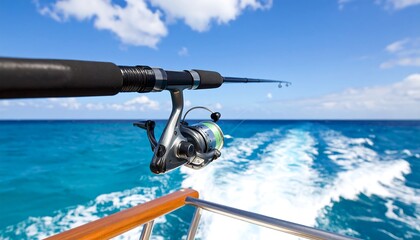 Naklejka premium Fishing rod on boat, ocean backdrop