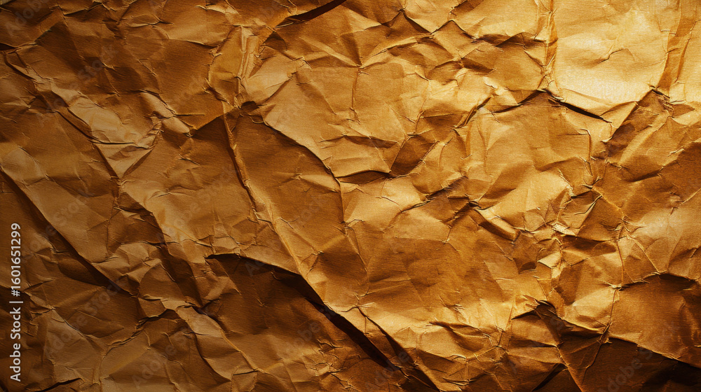 Poster crumpled gold paper texture with bright highlights creates visually striking background. intricate f