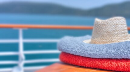 Striped towels and a straw hat resting on a cruise ship deck by the sea