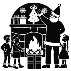 Pure black vector illustration showing Santa delivering gifts as kids watch with excitement beside a cozy chimney setting, isolated on a white background