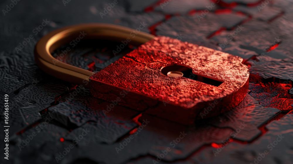 Poster close up view of red padlock resting textured surface, symbolizing security and protection. intricat