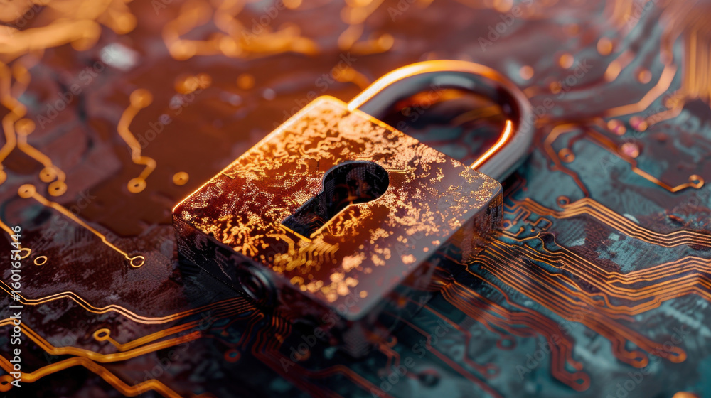 Poster digital lock icon rests on circuit board, symbolizing cybersecurity and protection of data. intricat