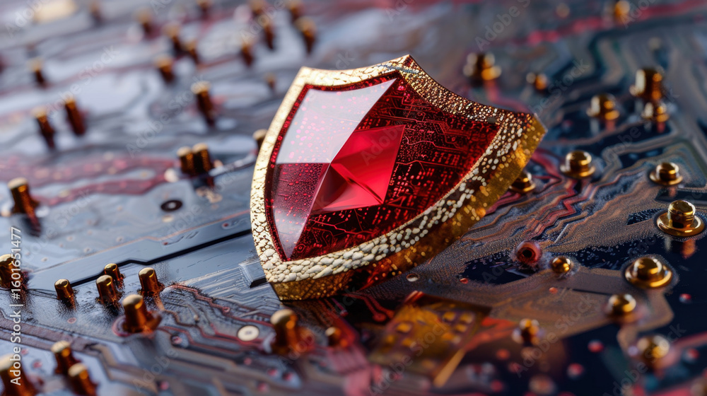 Aufkleber striking cyber threat shield icon rests on digital circuit board, symbolizing protection and securit