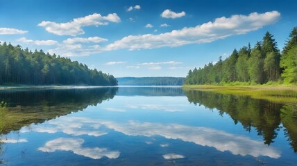 Fototapeta premium Serene Lake Reflecting Clouds and Trees
