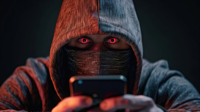 Mysterious figure dark hoodie and mask is intensely focused smartphone, with glowing red eyes that evoke sense of danger and intrigue. atmosphere is ominous, suggesting themes of cybercrime