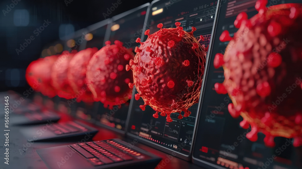Aufkleber digital representation of virus displayed multiple screens, showcasing cybersecurity theme with vibr
