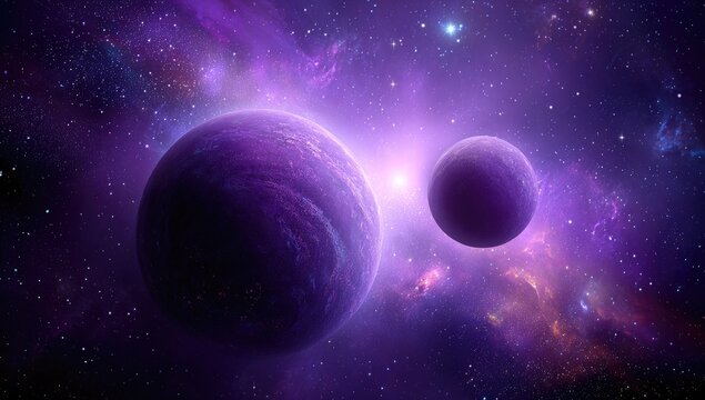 Two purple planets in a vibrant nebula