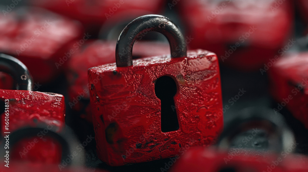Poster red padlocks symbolize security and protection in digital context, representing importance of cybers