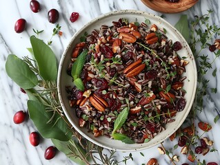 Wild rice salad with cranberries, pecans, and herbs, top-down plated on white
