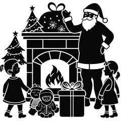 Pure black vector illustration showing Santa delivering gifts as kids watch with excitement beside a cozy chimney setting, isolated on a white background
