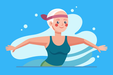 Elderly woman in swim cap performing water aerobics with focused expression, surrounded by splashes, showcasing dedication to fitness and healthy lifestyle in aquatic environment