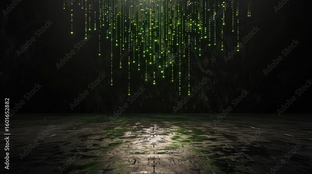 Poster dark room illuminated by glowing green binary code cascading from above, creating futuristic and imm