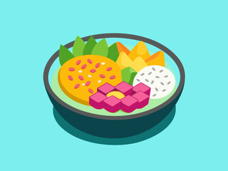 Flat illustration of a smoothie bowl featuring dragon fruit, mango chunks, and pumpkin seeds on a vibrant turquoise background with copy space for design