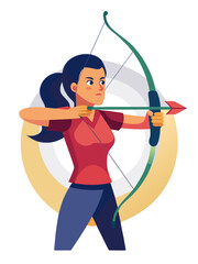 Female archer aiming bow with serious expression, blurred target in background, flat illustration design showcasing focus and determination in archery sport