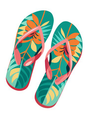 Colorful beach flip flops with floral design displayed at an angle on a white background, showcasing vibrant colors and summer vibes for vacation and leisure activities