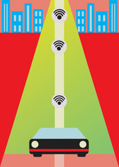 Futuristic self-driving concept car on smart road with floating interface icons, vibrant colors, and urban skyline, showcasing advanced technology and innovation in transportation