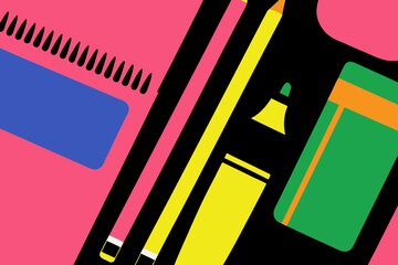 Flat lay illustration of vibrant school supplies including pencils, markers, and erasers on a colorful background, showcasing educational tools and creativity in a modern design