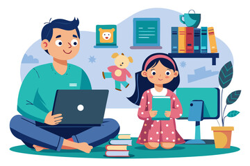 Girl in pajamas enjoying cartoons while father shops online for school books, cozy home environment with playful decor and vibrant colors, split scene style