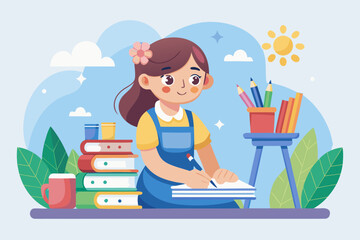 Girl drawing summer memories with colorful pencils, surrounded by textbooks and a cup, in a bright and cheerful illustration for preparing for school