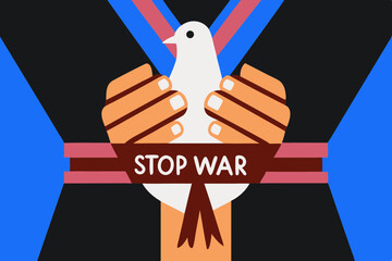 Hands holding a white dove with a Stop War ribbon tied around its leg, symbolizing peace and hope in a vibrant, flat illustration style with bold colors and graphic elements