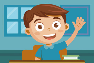Happy boy with big eyes and a bright smile raising hand in classroom, flat cartoon illustration showcasing enthusiasm and eagerness to participate in learning environment