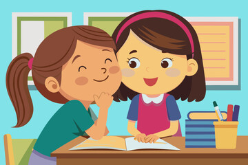 Little girl whispering to friend at desk, both giggling with joy, surrounded by colorful school supplies, capturing essence of childhood friendship and playful moments in first days of school