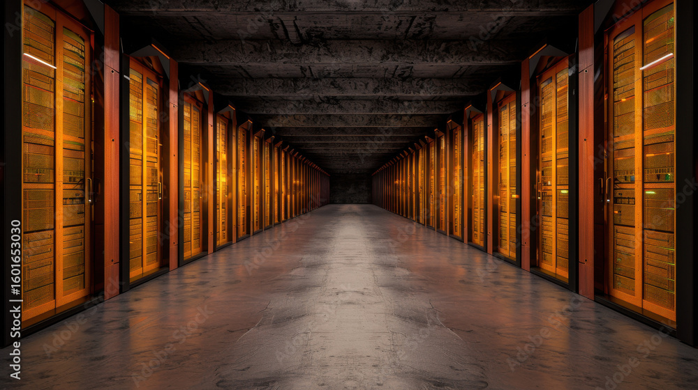 Poster modern data center featuring rows of illuminated server racks, showcasing sleek and organized enviro
