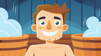 Smiling man enjoying relaxation in wooden sauna with steam rising, towel around waist, surrounded by wooden barrels, creating a serene and inviting atmosphere for wellness and rejuvenation