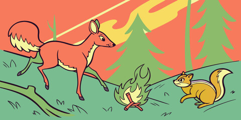 Close-up of forest animals fleeing from fire, featuring a fox and squirrel in a flat illustration style, vibrant orange background, capturing urgency and survival instinct