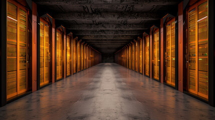 Modern data center featuring rows of illuminated server racks, showcasing sleek and organized environment. warm orange lighting creates futuristic atmosphere, emphasizing technology and efficiency