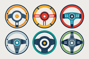 Flat vector illustration of six colorful steering wheels arranged in a grid, showcasing diverse designs and styles, ideal for automotive themes and graphic design projects