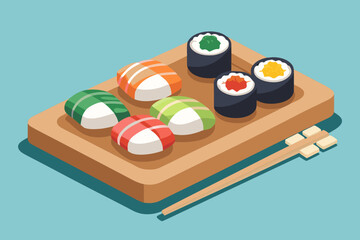 Close-up of sushi set on wooden board with chopsticks, featuring colorful rolls and rice, showcasing minimalist flat illustration style with vibrant colors and appealing presentation