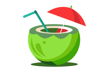 Coconut drink with straw and red umbrella, cut open at the top, featuring a clean design and vibrant colors, perfect for summer refreshment and tropical vibes