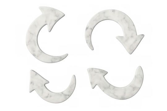 Marble circular arrows rotating against transparent backdrop, symbolizing refresh, reload, and cyclic movement with dynamic directional design