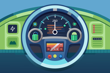 Electric vehicle dashboard illustration featuring digital speedometer, battery level indicators, and user interface elements, top-down view with vibrant colors and modern design