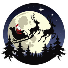  Pure black vector illustration showing Santa with a gift sack, reindeer in motion, and moon as the backdrop, isolated on a white background 