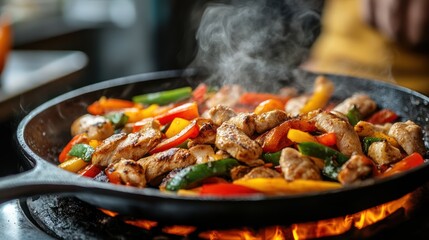 Sizzling Chicken Fajitas, Cooking, Kitchen, Flames, Steam, Food Photography, Restaurant, Recipe