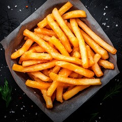French fries with salt served in a paper lined bowl on a black background