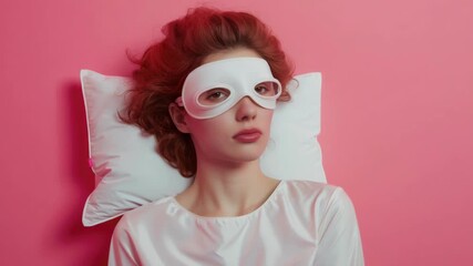 A woman in a white gown with a white mask covering her eyes, lying on a bed against a pink wall, evoking mystery and elegance. - Powered by Adobe