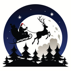  Pure black vector illustration showing Santa with a gift sack, reindeer in motion, and moon as the backdrop, isolated on a white background 