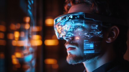 Man uses futuristic glasses, analyzing data, in a dark tech environment, for futuristic technology marketing