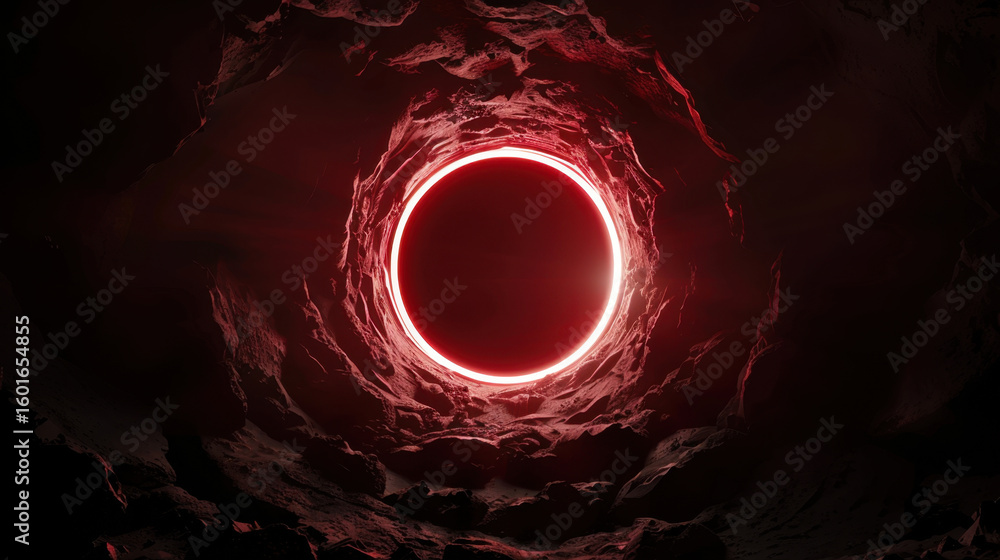Poster deep red background with circular highlight at center creates striking visual effect, evoking sense 