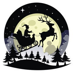  Pure black vector illustration showing Santa with a gift sack, reindeer in motion, and moon as the backdrop, isolated on a white background 