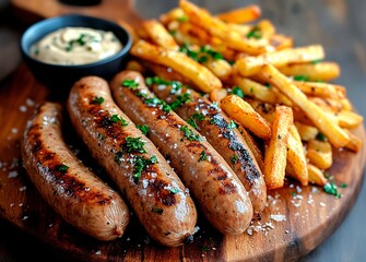 Fried sausages with French fries and mustard sauce served on a wooden board