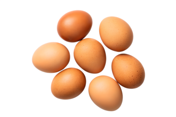 A cluster of seven fresh brown eggs arranged in a circular pattern against a clean white background, showcasing natural texture and perfect oval shapes for culinary and dietary purposes.