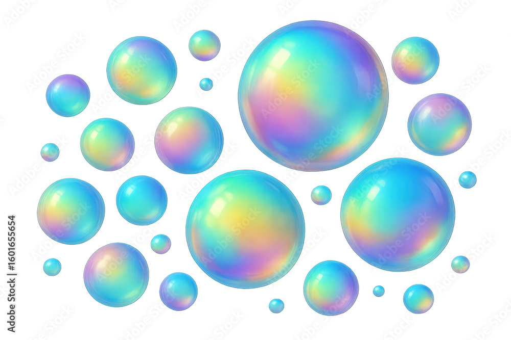 Aufkleber colorful iridescent soap bubbles of various sizes floating on a transparent background, creating a p