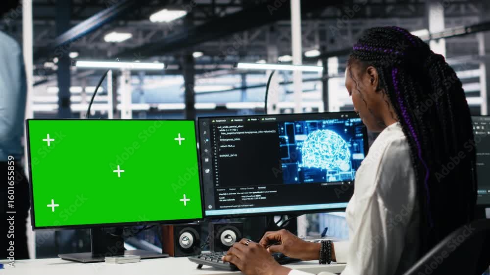 Fototapete data center engineers managing ai systems for uptime and efficiency using chroma key pc. teamworking